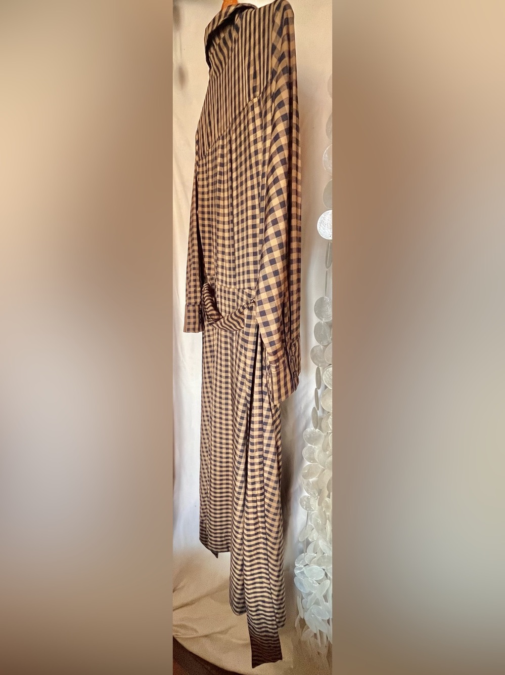 Zara Checkered Poplin Midi Shirt Dress Plaid Long Sleeves Caramel Navy Medium - Picture 11 of 16